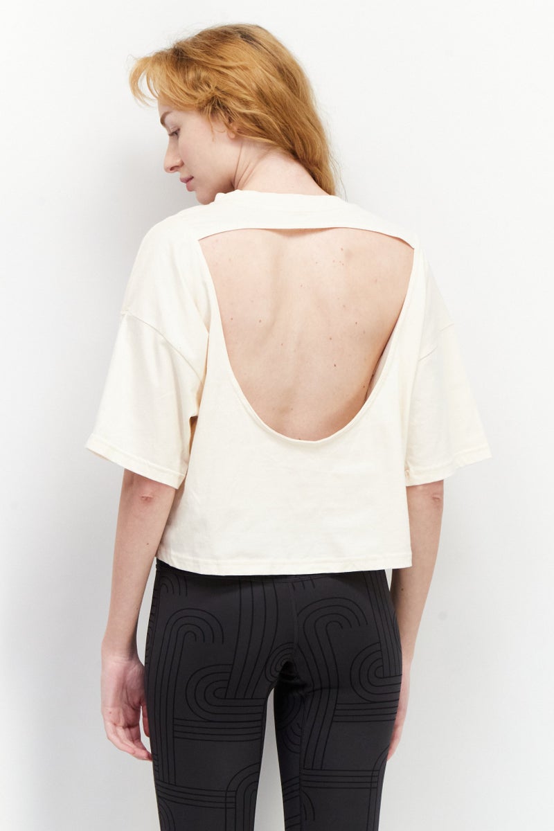 Adidas Women Sportswear Fit Short Sleeves Training Top, Beige - Image 2